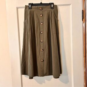 Olive Green Midi Skirt With Buttons Retro High Waisted Dark With Pockets